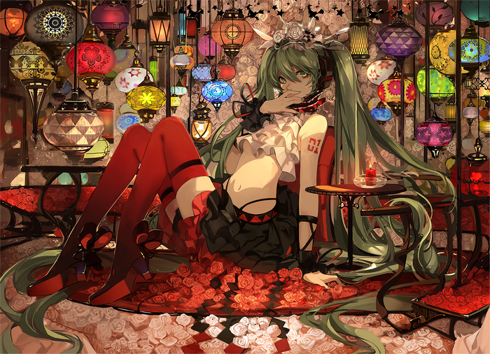 Hatsune Miku in a room with many colorful lanterns