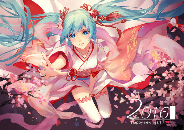 Hatsune Miku in Kimono with Cherry Blossoms