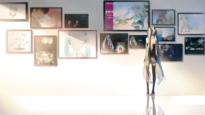 Hatsune Miku and framed artwork on a wall