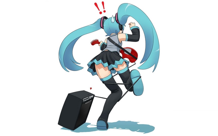 Hatsune Miku playing a red electric guitar