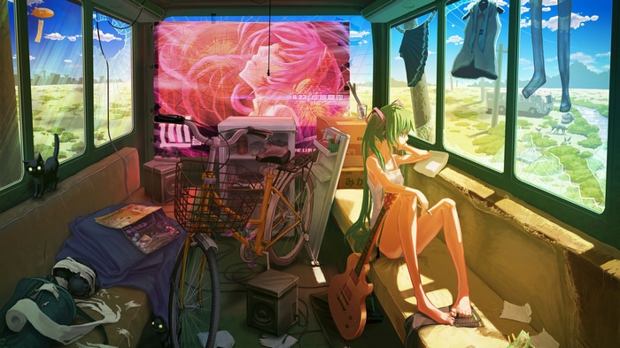 Hatsune Miku sitting in a room with a bicycle and guitar