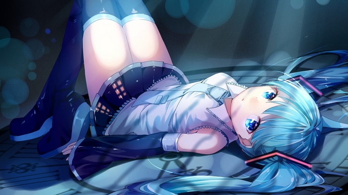 Hatsune Miku lying down with blue hair and eyes