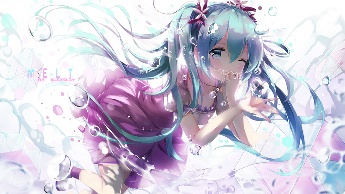 Hatsune Miku in a pink dress surrounded by bubbles