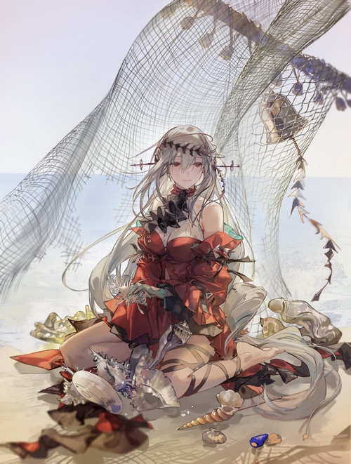 Skadi from Arknights in a red dress on the beach