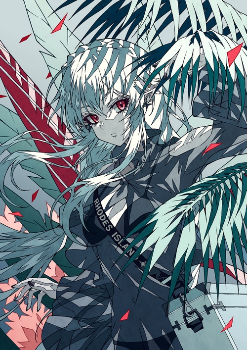 Warfarin from Arknights with red eyes and white hair