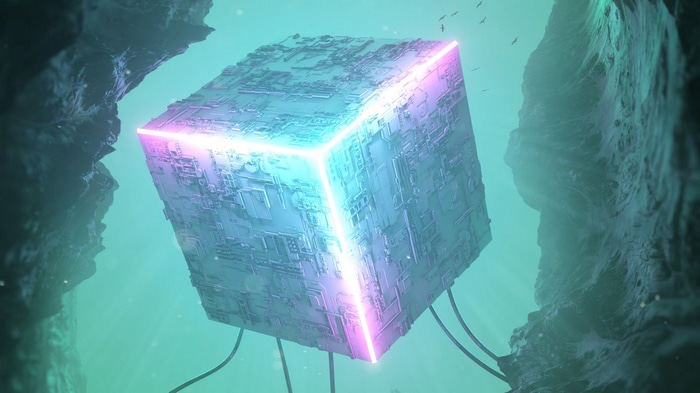 Glowing cube with neon lights in underwater cave