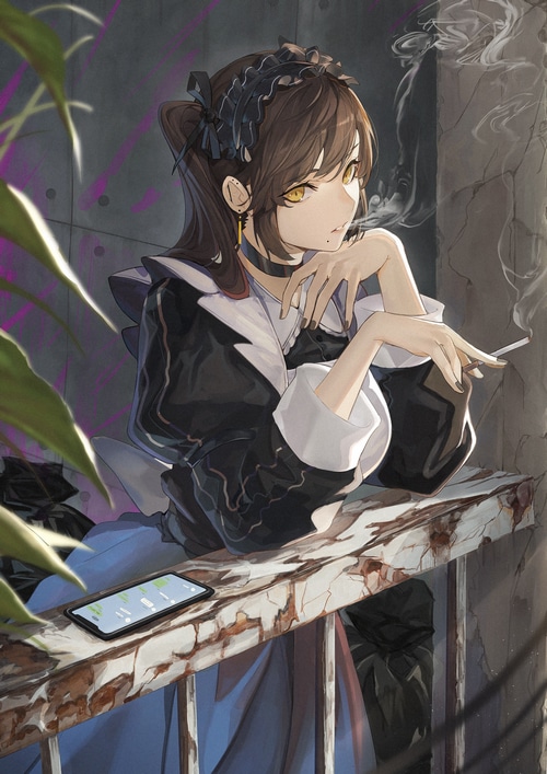 Maid smoking on a balcony with a phone