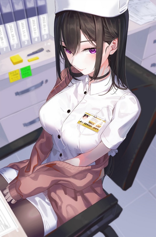 Nurse with purple eyes wearing a nurse outfit