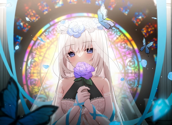 Girl in Veil Holding Purple Rose with Butterflies