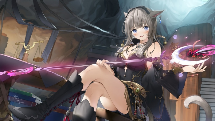 Anime girl with cat ears holding a magical staff