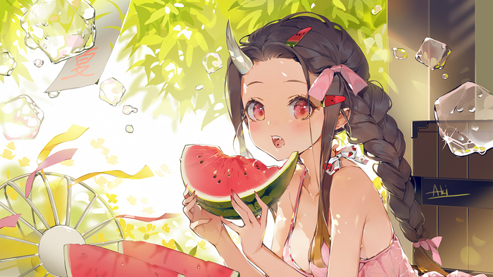 Kamado Nezuko Eating Watermelon with Demon Horns
