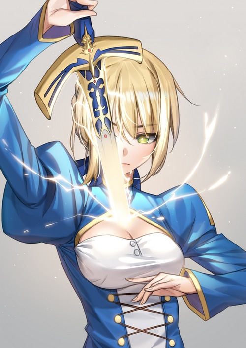 Artoria Pendragon holding Excalibur with lightning