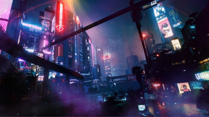 Cyberpunk 2077 futuristic city with neon lights