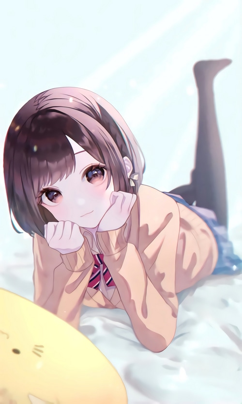 school uniform in bed brown eyes brunette