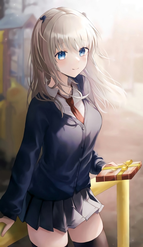 Anime girl in school uniform holding a gift