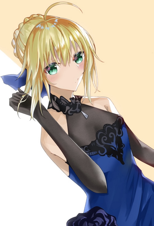 Saber in a blue dress with black gloves