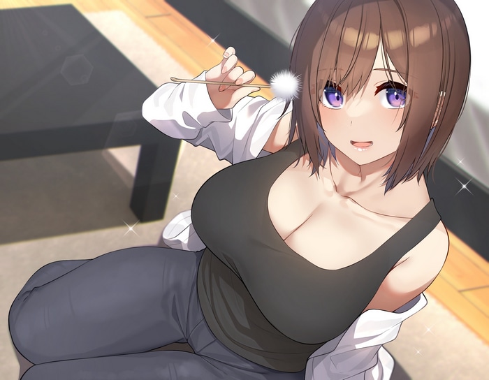 Artwork of a woman with purple eyes and brunette hair