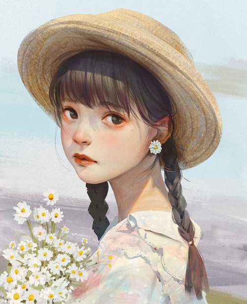 Rui Li with a bouquet of daisies