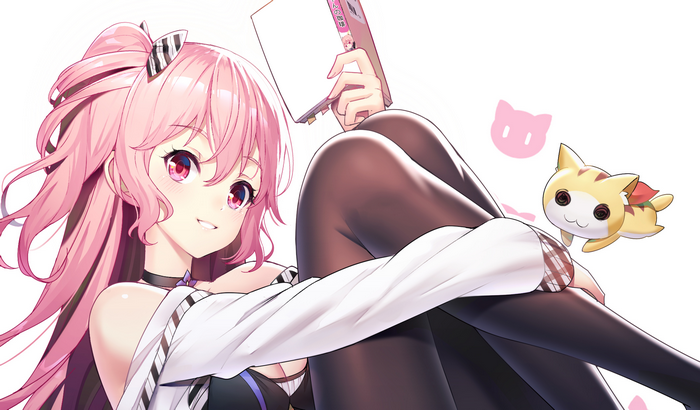 Anime girl with pink hair and a cat plushie