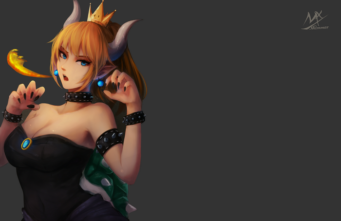 Bowsette breathing fire with crown and horns