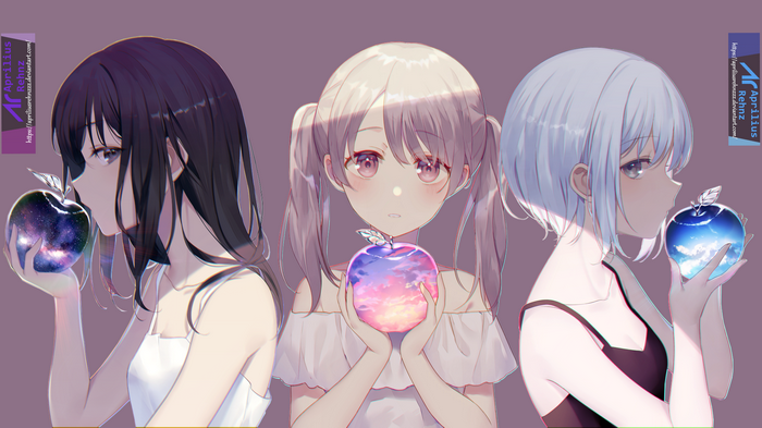 Three anime girls holding magical apples
