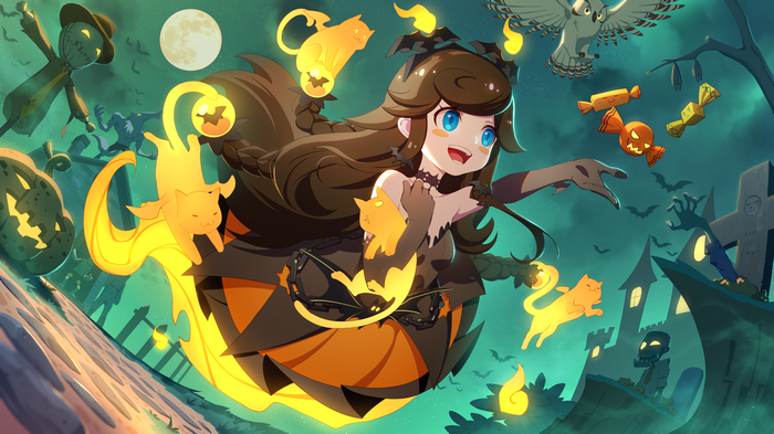 Halloween Witch Girl with Fiery Cats