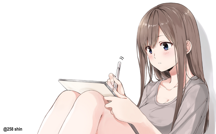 4K brunette with blue eyes drawing on tablet