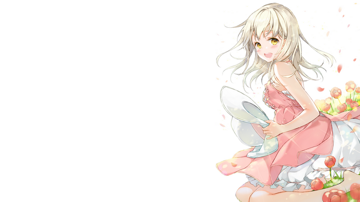 Anime girl in pink dress holding a hat