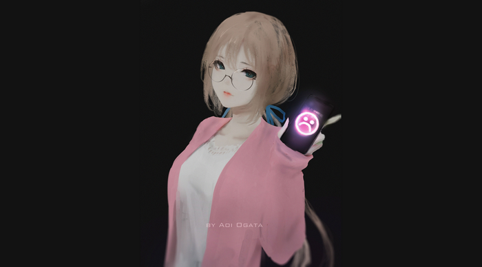 Aoi Ogata holding a phone with a sad face