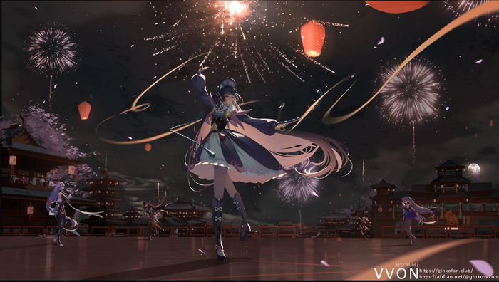 Genshin Impact characters celebrating with fireworks