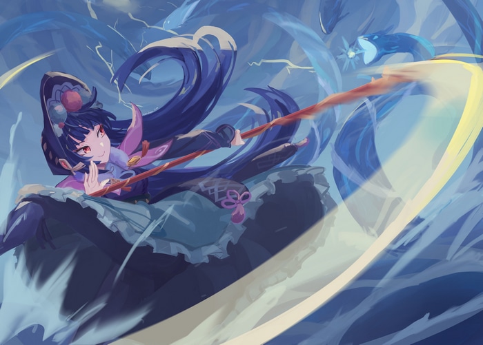 Yun Jin from Genshin Impact fighting with water