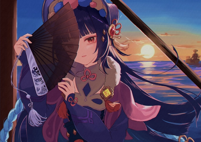 Genshin Impact Yun Jin holding a fan at sunset