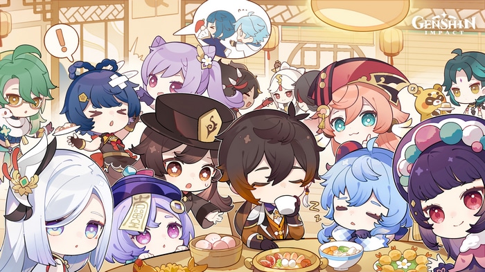 Genshin Impact Chibi Characters Enjoying a Meal