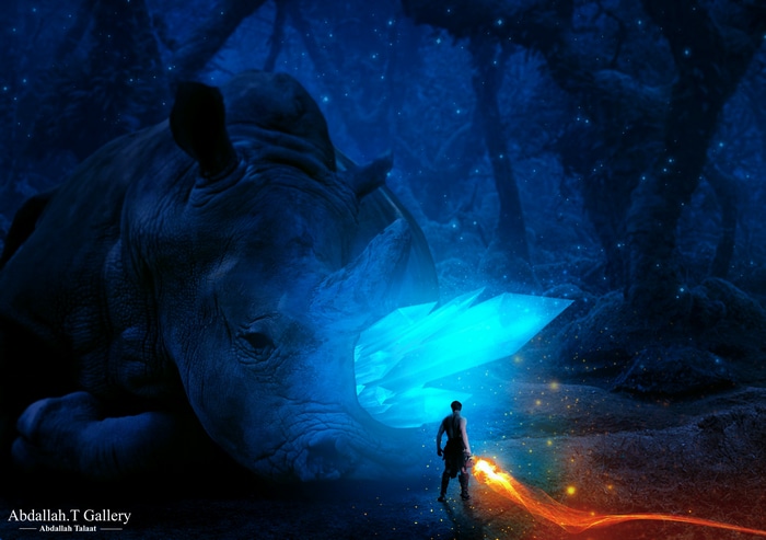 Man with glowing sword faces a crystal-filled rhino cave