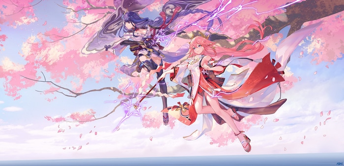 Raiden Shogun and Yae Miko under cherry blossoms