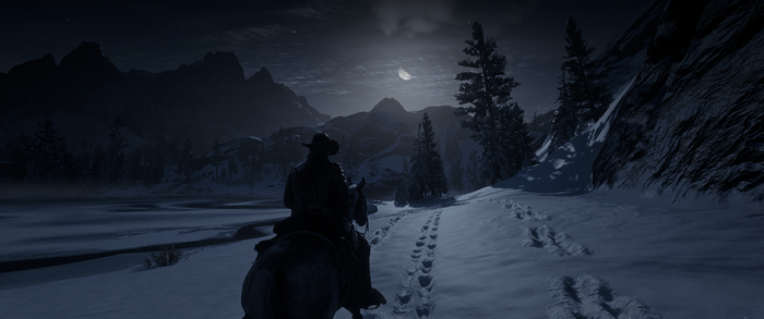 Man on horseback in snowy landscape under the moon