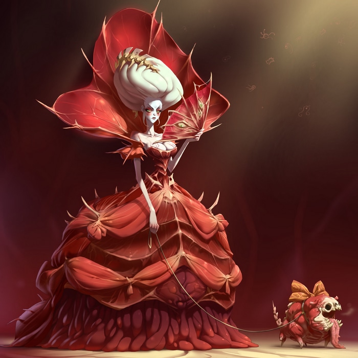 Fantasy girl in red dress with a creature