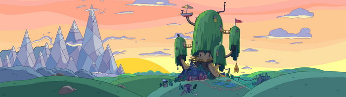 Adventure Time Landscape with Treehouse and Mountains