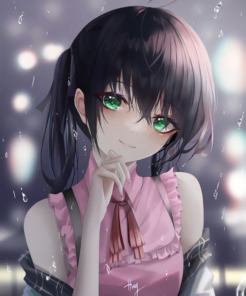 Anime girl with green eyes and dark hair in pink clothing