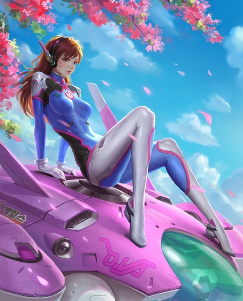 D.Va from Overwatch sitting on her mech under cherry blossoms