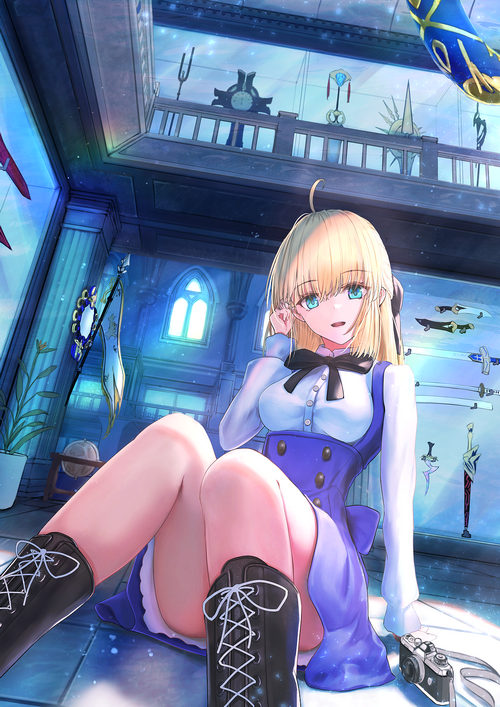 Saber Lily in a room with swords