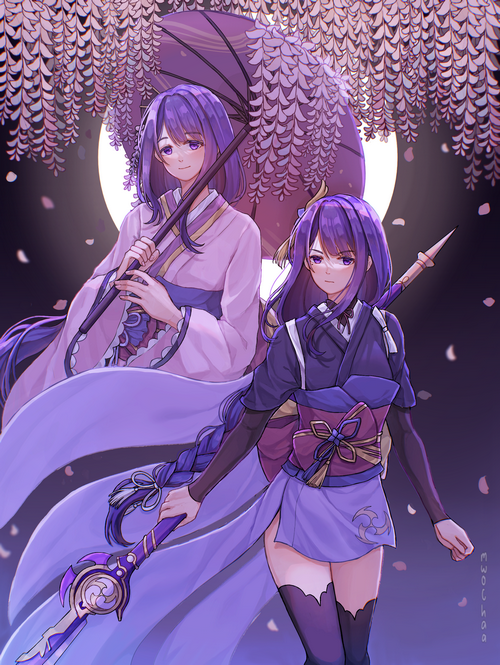 anime, Raiden Shogun, Raiden Makoto, purple hair, twins, anime games ...