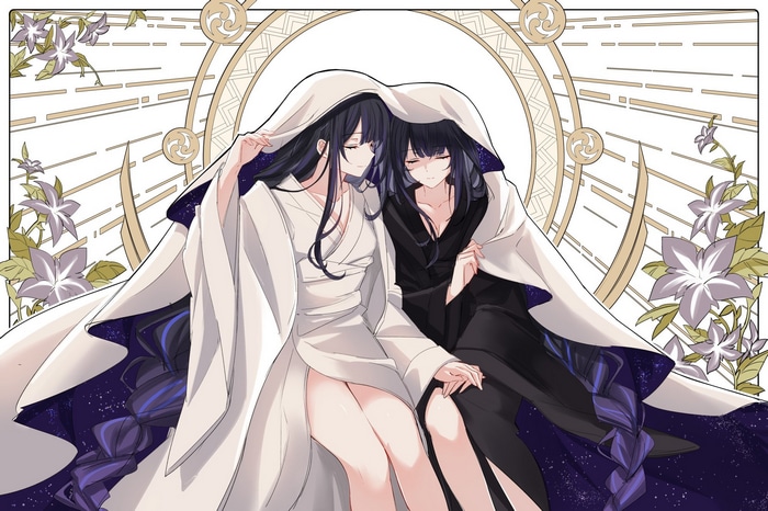 Raiden Makoto and Raiden Shogun under a white cloak