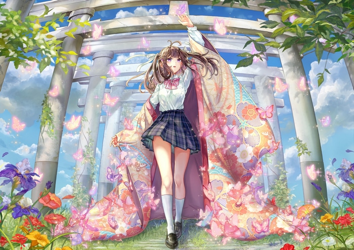 Girl in Japanese Clothes and Torii with Butterflies
