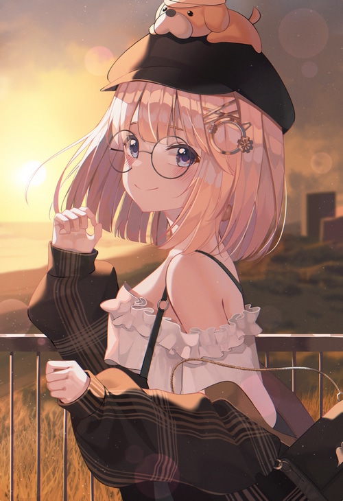 Watson Amelia wearing glasses and a beret with a dog plushie