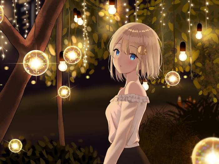 Amelia Watson in a garden with string lights