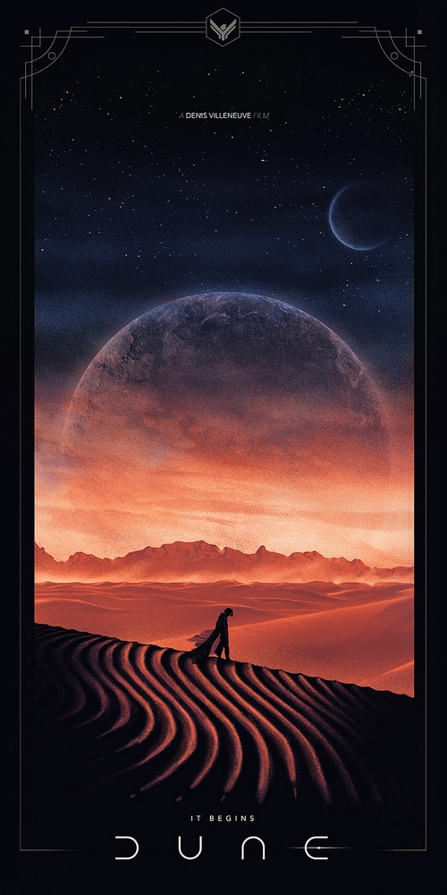 Dune movie poster with planets and a figure