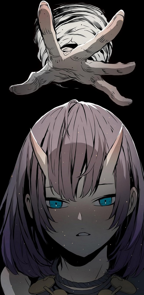 Demon girl with blue eyes and a reaching hand