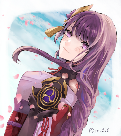 Raiden Makoto from Genshin Impact with purple hair and eyes