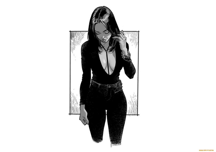 Monochrome drawing of a woman in a low-cut top and jeans